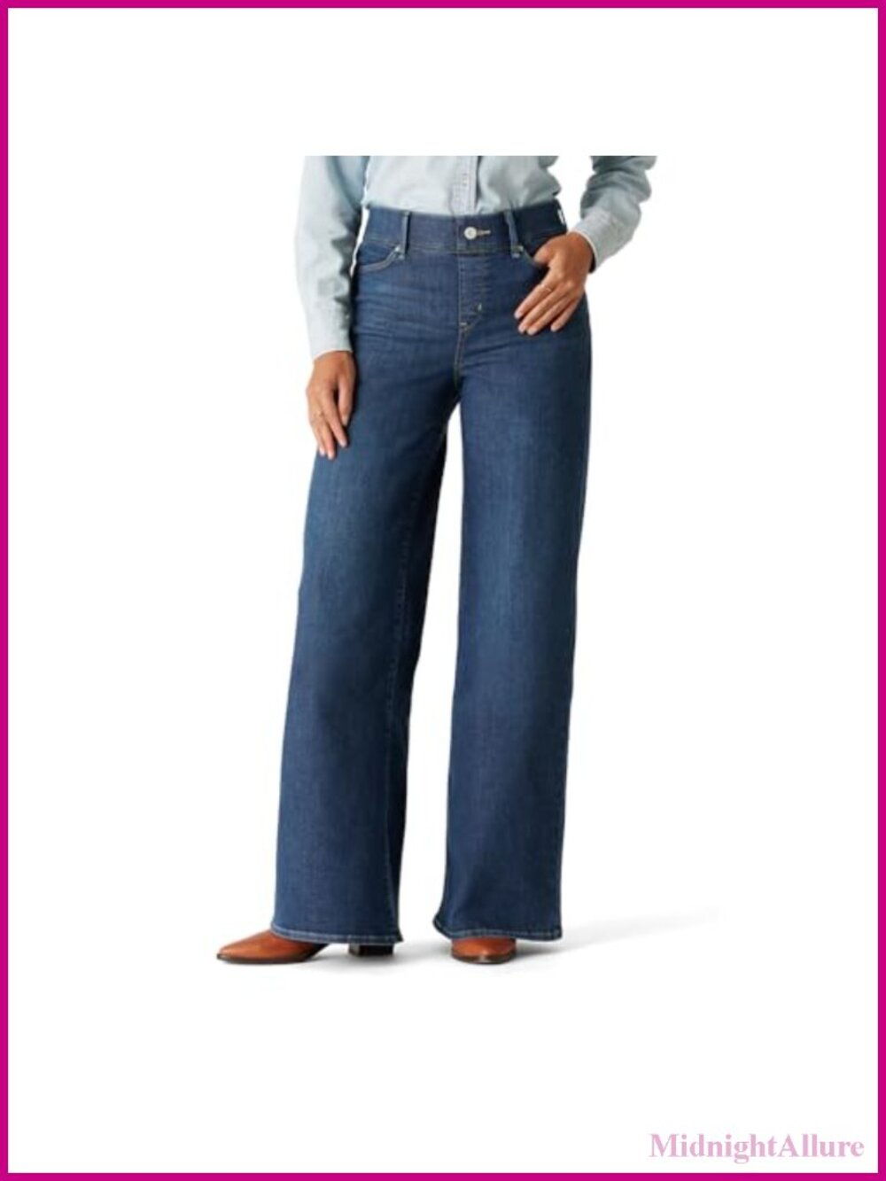 Wide Leg Pull-On Shaping Jeans Mid Rise Stretch Denim